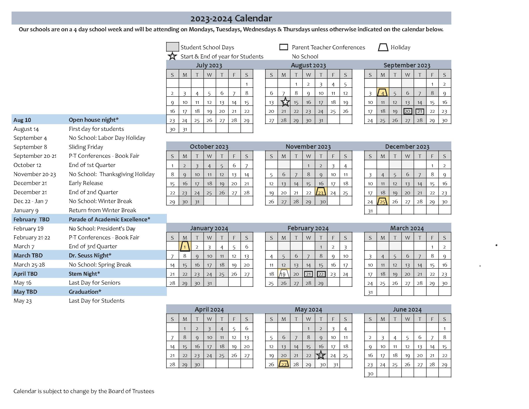 Student Calendar 2023-2024